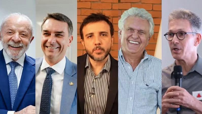 Lula, Flávio Bolsonaro, Renan Santos, Caiado e Zema — Foto: Divulgação e reprodução