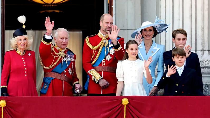 The Royal Family watches an RAF flypast from the balcony of Buckingham Palace during Trooping The Colour in London, England.