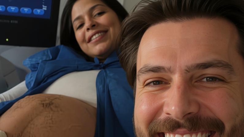 Laís Caldas e Gustavo Marsengo fazem 'selfie' com a filha durante ultrassom — Foto: Reprodução/Instagram