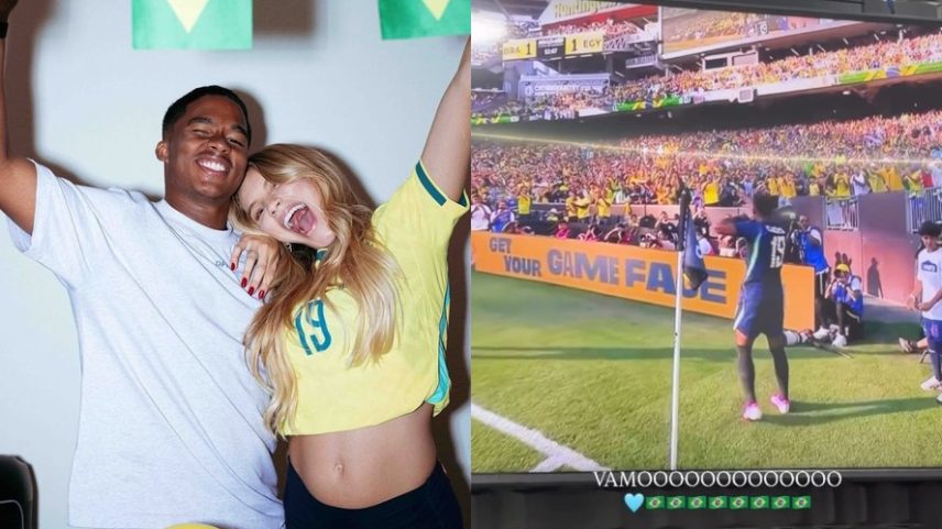 Esposa de Endrick, Gabriely Miranda vibra com gol do marido em amistoso do Brasil — Foto: Reprodução/Instagram