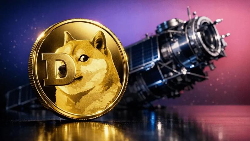 Dogecoin token with spacecraft element against purple-magenta gradient background