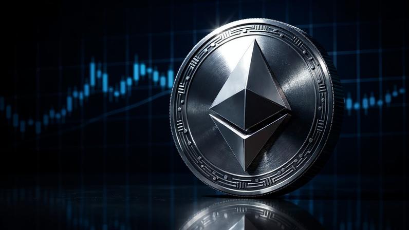 Ethereum coin with purple-magenta gradient and technical grid overlay showing market tension