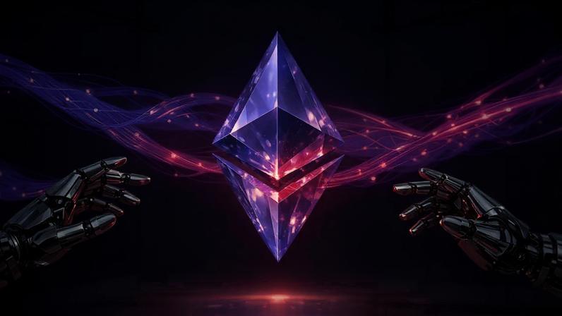 Ethereum logo with AI agent technology and purple-magenta gradient light streams in modern studio composition