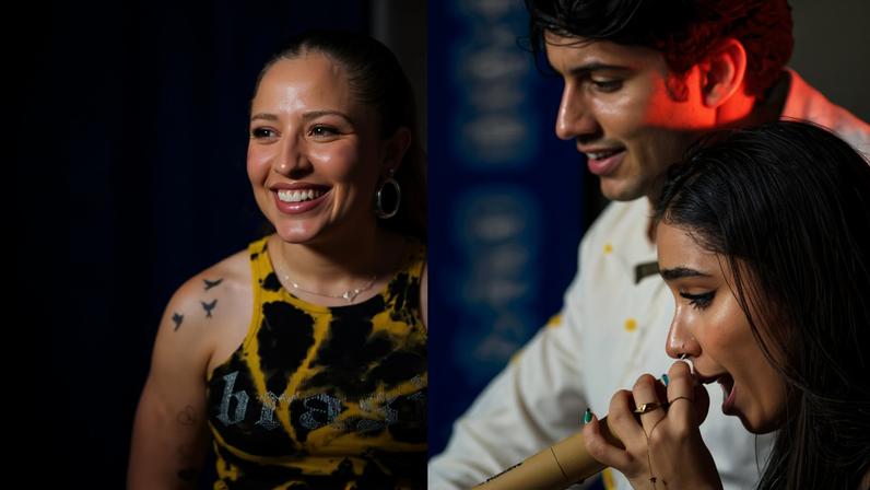 Mari Fernandez e Léo Foguete premiam a compositora Duda Borges