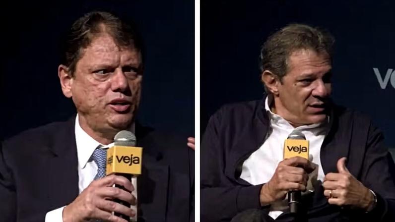 Os pré-candidatos ao governo de SP Tarcísio de Freitas (Republicanos) e Fernando Haddad (PT), durante evento da Veja — Foto: Reprodução/YouTube