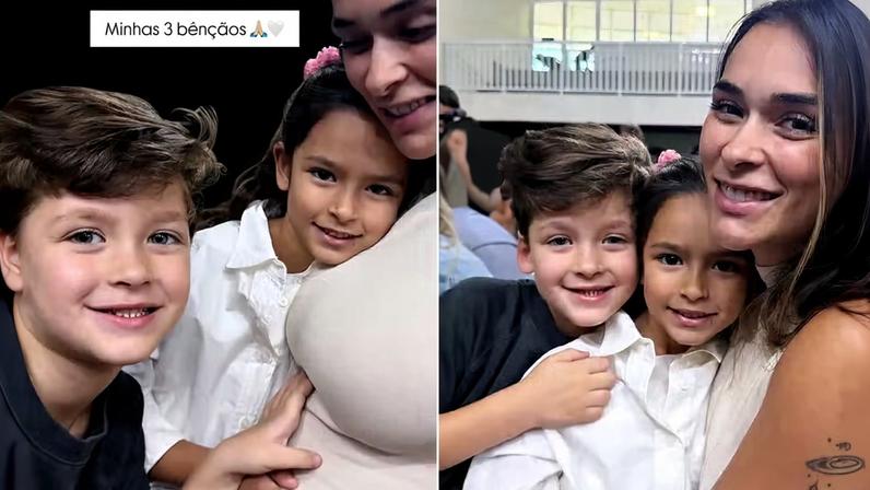 Tainá Militão, grávida, acompanha apresentação dos filhos com Léo Pereira