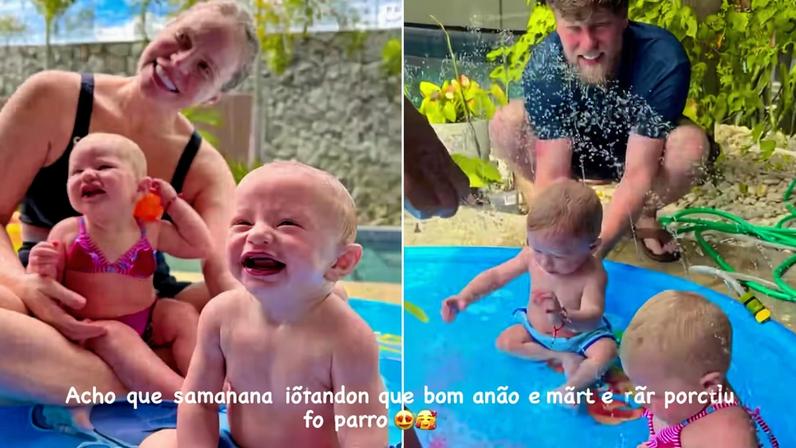 Paulinha Leite e Dakota Ballard curtem piscininha com os filhos gêmeos, Ethan e Luz — Foto: Reprodução/Instagram