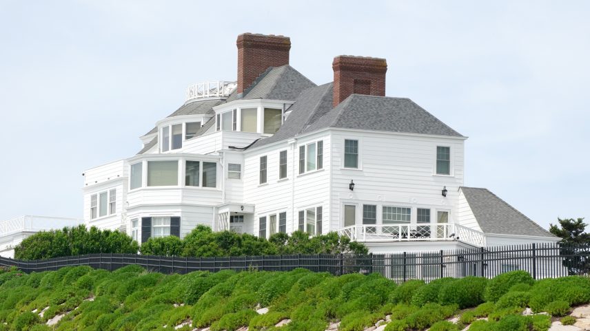 A black SUV with tinted windows was spotted leaving Taylor Swift's Rhode Island mansion (pictured here) before 11 a.m. local time on Saturday.