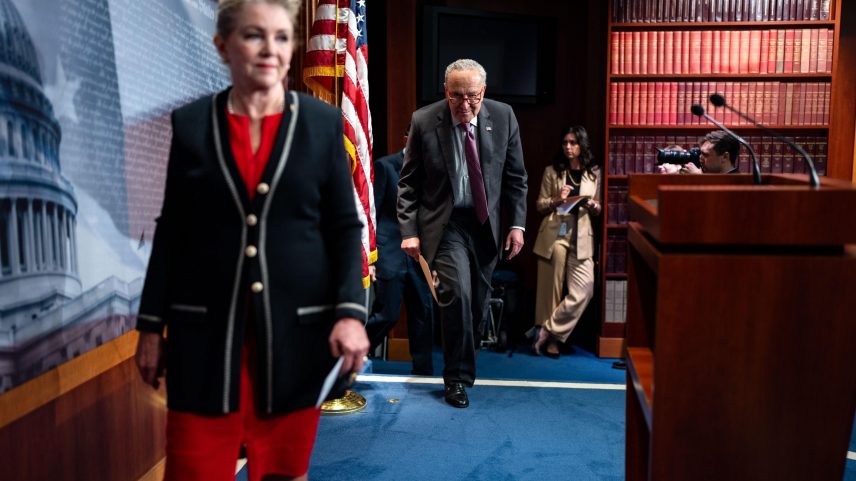 U.S. Sen. Marsha Blackburn (R-TN) and Majority Leader Chuck Schumer (D-NY) arrive for a news conference with bipartisan senators on passage of the Online Privacy Protection Act at the Capitol on July 30, 2024 in Washington, DC.