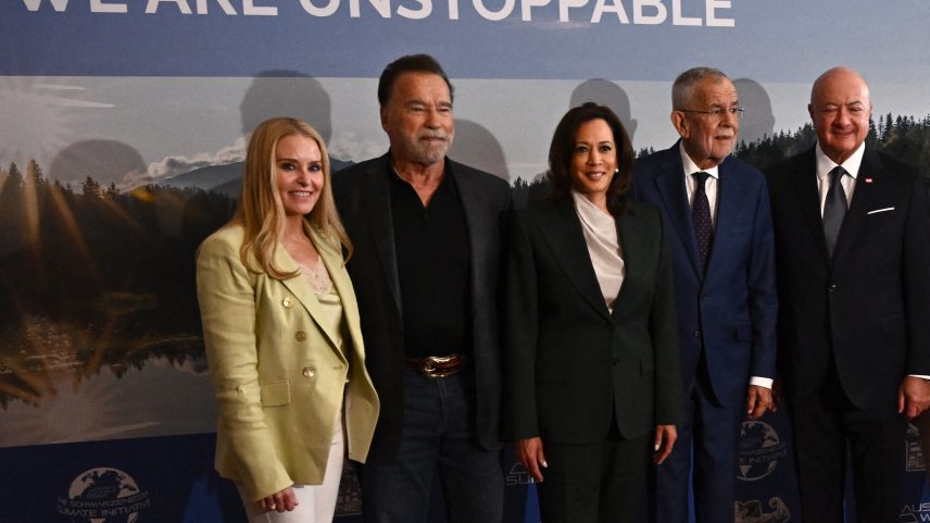 Arnold Schwarzenegger and Heather Milligan pose for a photo with former Vice President Kamala Harris and Austria's President Alexander Van der Bellen at the Austrian World Summit of the Schwarzenegger Climate Initiative on June 16, 2026.