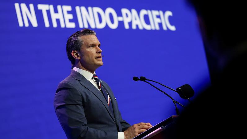 U.S. Defense Secretary Pete Hegseth delivers a speech in Singapore on May 30.