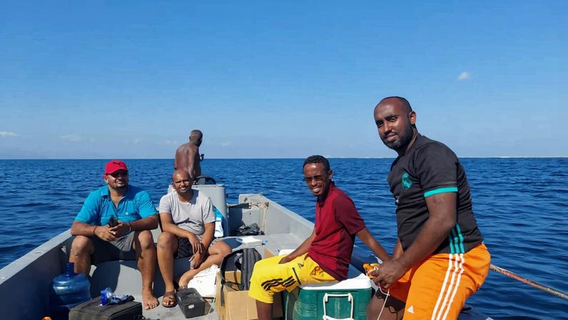 From left to right, Tannwir Sagid Abdoul-Bari, Ismael Said Ismael, Mahamoud Ali Chirdon and Abdillah Elmi Adaneh collect water samples in Djibouti. Image courtesy of Abdillah Elmi Adaneh.