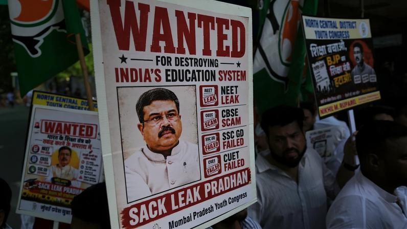 People with the Indian Youth Congress protest against the National Testing Agency over alleged exam leaks and rescheduling in Mumbai on June 2.