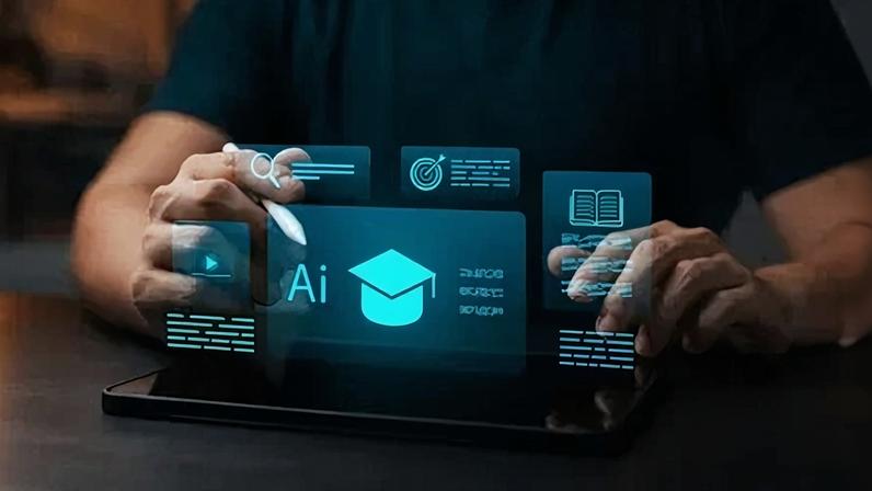 AI-powered digital education and learning. Person using tablet with virtual interface showing graduation cap, book, video, and search icons, representing smart learning and e-learning platform.
