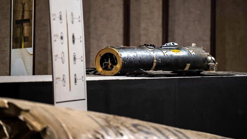 Pieces of missiles and drones are displayed during a press briefing in Abu Dhabi, United Arab Emirates, on March 3.