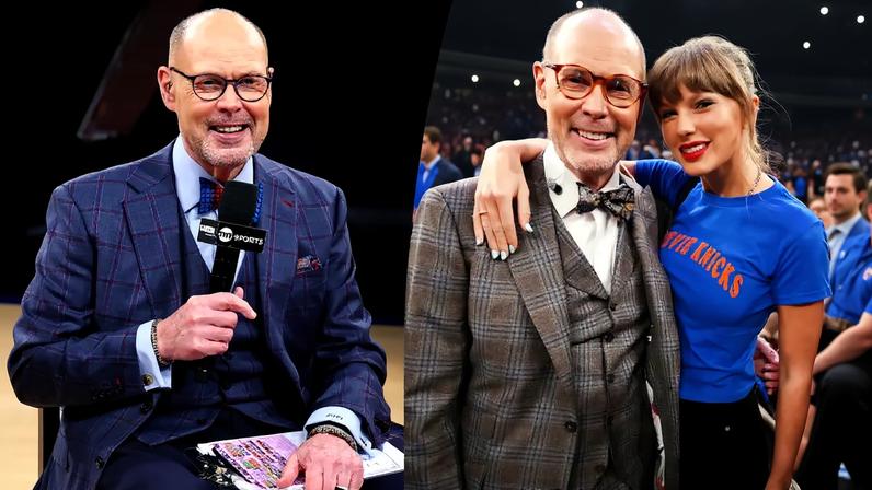 Ernie Johnson and Taylor Swift pose for a photo at an NBA Finals game.