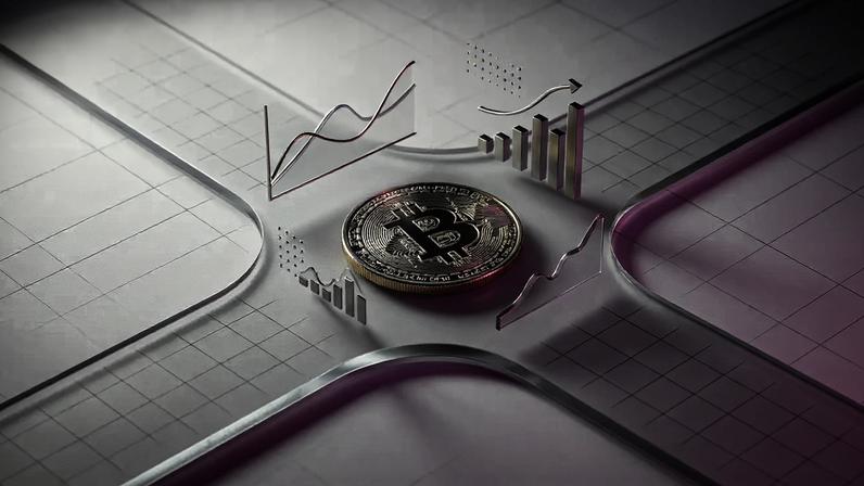 Bitcoin coin with economic data transmission pathways and purple gradient lighting on white background