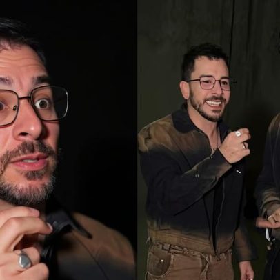 Junior Lima e Lucas Silveira usam o mesmo look em desfile, sem combinação