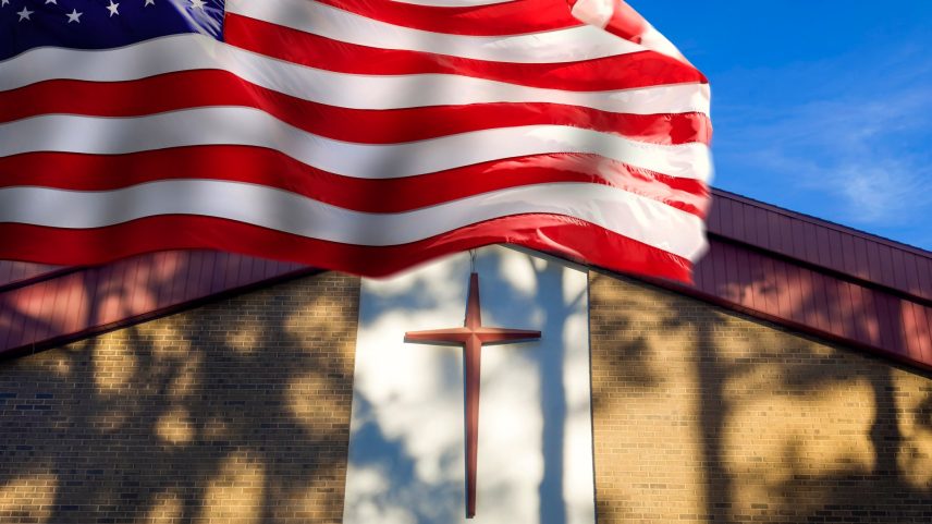 Close up church and American flag in Florida