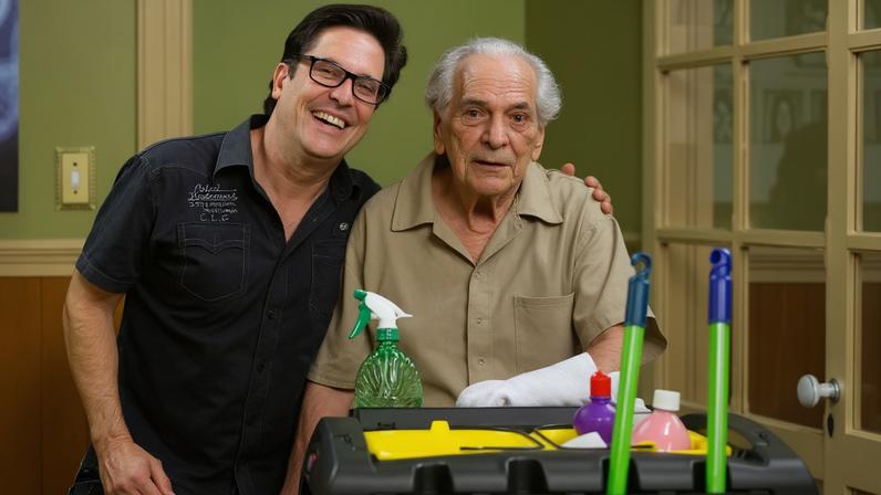 Bastidor de Lúcio Mauro Filho com o pai, Lúcio Mauro, na 'Escolinha do Professor Raimundo'