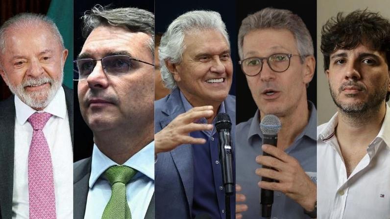 Lula (PT), Flávio Bolsonaro (PL), Ronaldo Caiado (PSD), Romeu Zema (Novo) e Renan Santos (Missão)