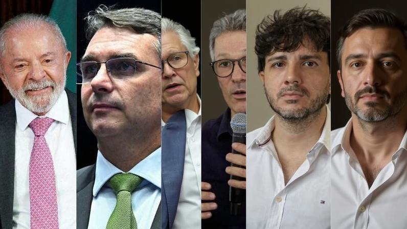 Lula (PT), Flávio Bolsonaro (PL), Ronaldo Caiado (PSD), Romeu Zema (Novo) e Renan Santos (Missão)