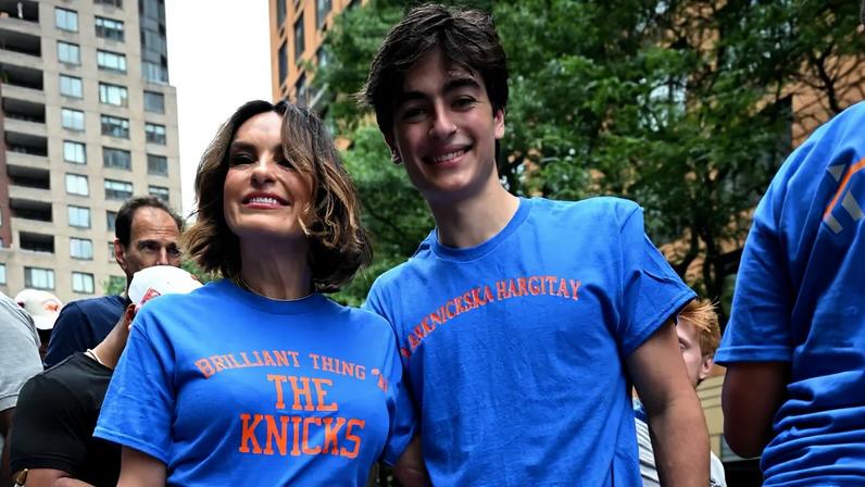 Mariska Hargitay’s son August wore a “Marknicksa Hargitay” shirt to the NY Knicks parade on Thursday (Hargitay and August are seen above).