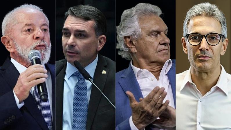 Montagem com fotos dos pré-candidatos à presidência da República: Lula, Flávio Bolsonaro, Ronaldo Caiado e Romeu Zema