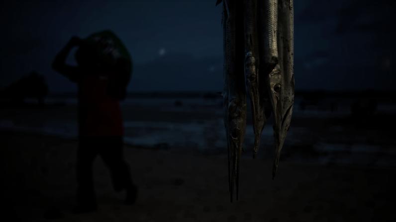 A fisherman walks, left, with his catch as needlefish hang at right at the Shimoni port, in Kwale county, Kenya