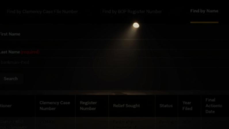 Screenshot of the clemency case finder showing case number P338490 seeking a Pardon after Completion of Sentence for Samuel Benjamin Bankman-Fried