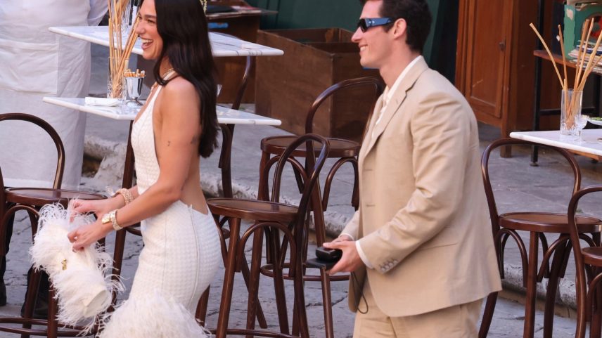 Dua Lipa wore a custom Bottega Veneta gown to her wedding welcome party in Palermo Friday.