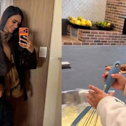 Bruna Biancardi mostra Mavie na cozinha enquanto prepara bolinho de chuva