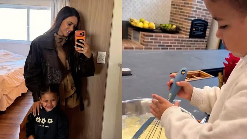 Bruna Biancardi mostra Mavie na cozinha preparando bolinho de chuva — Foto: Reprodução/ Instagram