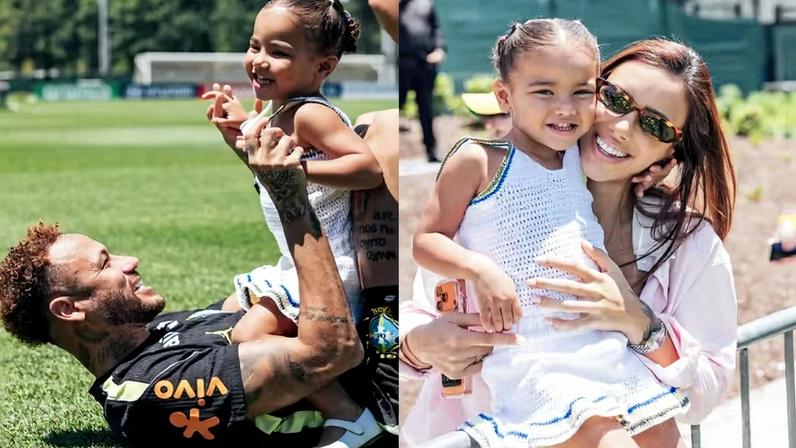 Neymar recebe visita de Mavie no treino da Seleção nos EUA