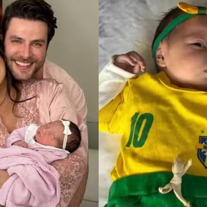 Filha de Laís Caldas e Gustavo Marsengo usa look Seleção antes Brasil x Haiti