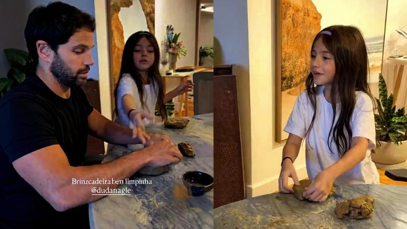 Duda Nagle e namorada brincam com Zoe usando argila, vídeos