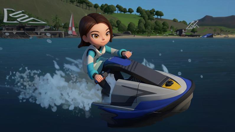 A woman jet skis over blue water.
