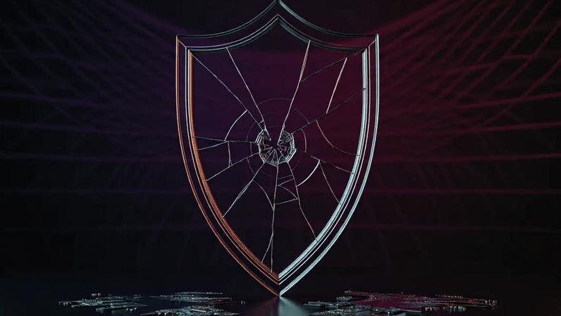 Cracked glass shield with purple-magenta gradient lighting representing incomplete legal protection