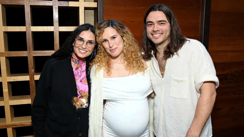 Rumer Willis’ ex Derek Thomas (pictured right alongside Rumer and her mother, Demi Moore, at Rumer’s baby shower) alleged in court docs that Moore threatened to “destroy” him.