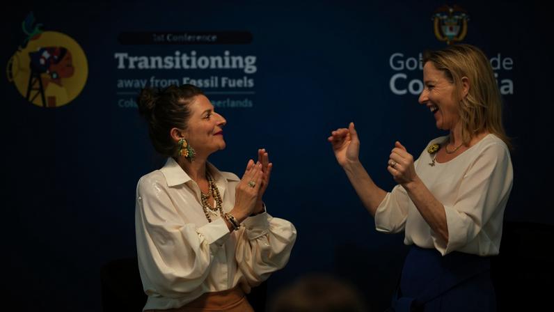 Colombia's Environment Minister Irene Velez and Netherlands' Climate and Green Growth Minister Stientje van Veldhoven gesture during the International Conference on the Just Transition Away from Fossil Fuels in Santa Marta, Colombia, on April 29.