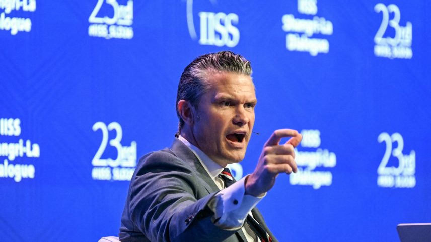 U.S. Defense Secretary Pete Hegseth speaks at the Shangri-La Dialogue conference in Singapore on May 30.