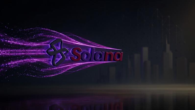 Holographic Solana logo with purple-magenta payment streams flowing across Seoul cityscape background