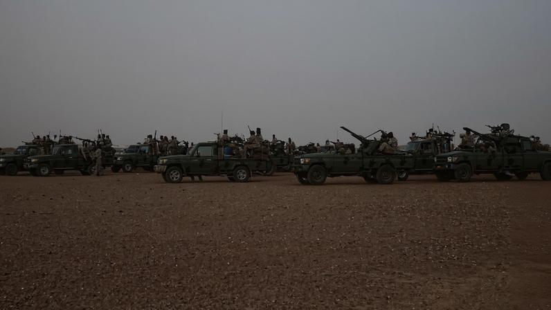 Vehicles of the Rapid Support Forces (RSF) paramilitary following a rally in the village of Abraq, Sudan, about 60 kilometers northwest of Khartoum, on June 22, 2019.