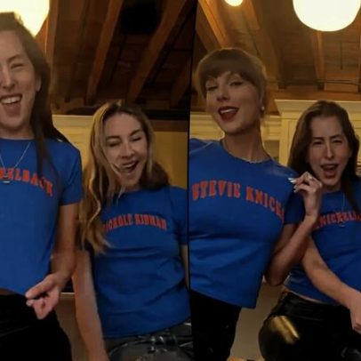 Taylor Swift e irmãs Haim exibem camisetas personalizadas do Knicks com trocadilho