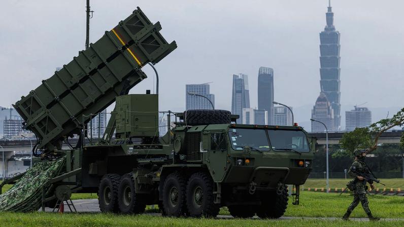 A U.S.-supplied Patriot air defense system is deployed in a public park in Taipei, Taiwan, during a military drill on July 14, 2025.
