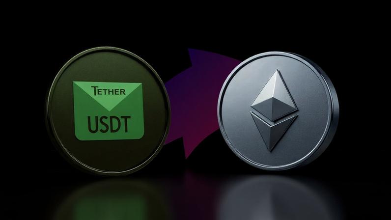 Tether USDT and Ethereum coins illustrating market cap flip with gradient wave between them