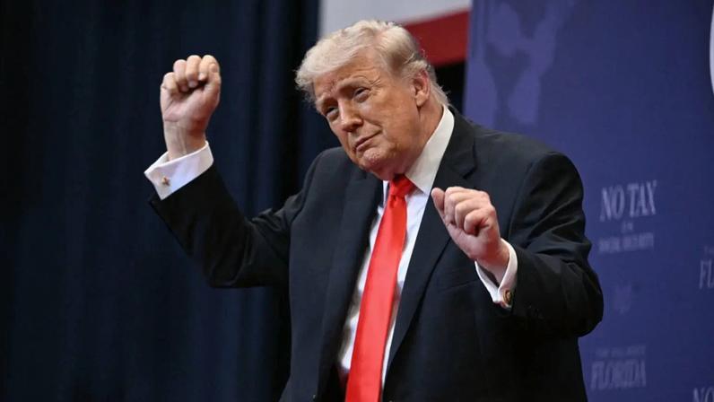 President Donald Trump does his little dance after a speech about taxes and Social Security in Florida on May 1, 2026.