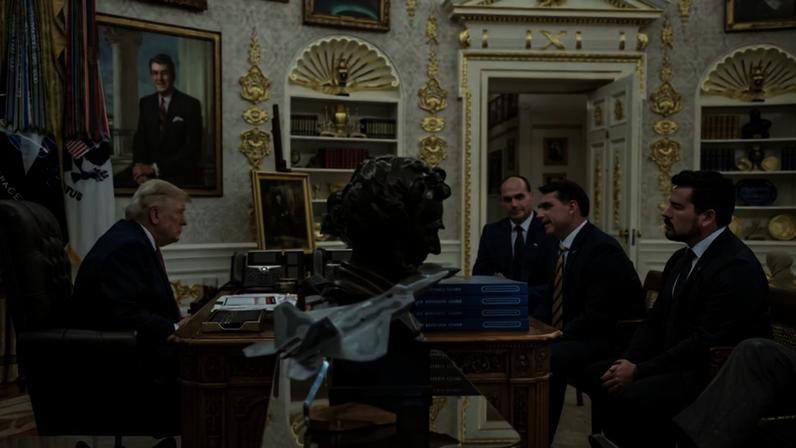 O presidente dos EUA, Donald Trump, conversa com Flávio Bolsonaro na Casa Branca. — Foto: Divulgação/ Truth Social