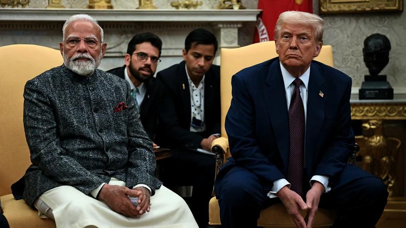 Indian Prime Minister Narendra Modi and U.S. President Donald Trump meet with journalists at the White House in Washington, on Feb. 13, 2025.