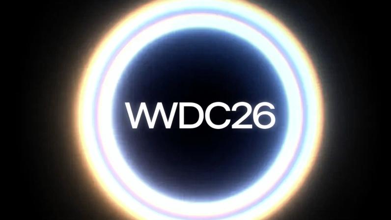 A glowing white double circle with “WWDC26” in the middle.